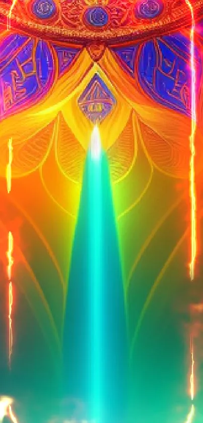 Vibrant mandala with colorful light rays on mobile wallpaper.