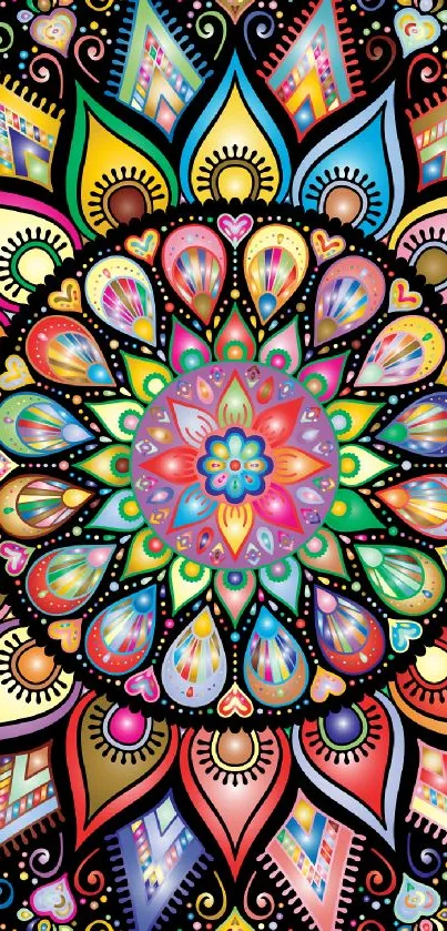 Colorful mandala design with vibrant patterns and intricate details.