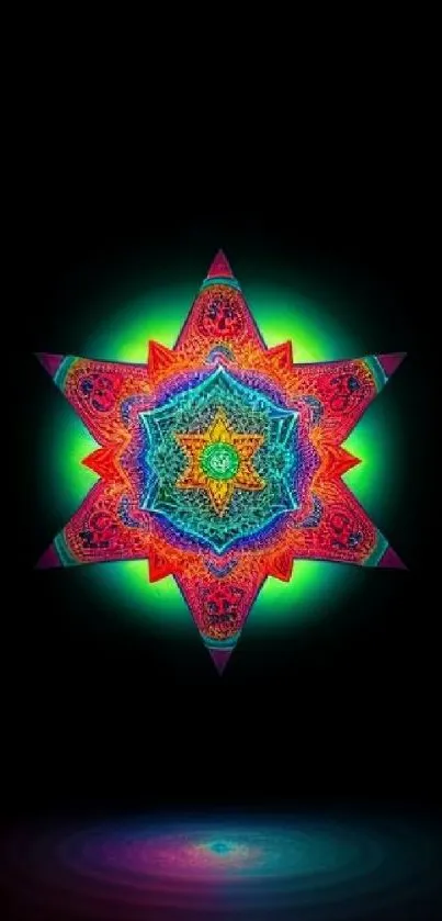 Vibrant mandala on black background mobile wallpaper, featuring bright colors.