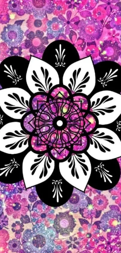 Black and white mandala on vibrant pink floral background wallpaper.