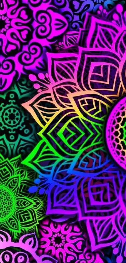 Vibrant mandala wallpaper with neon colors and intricate designs.