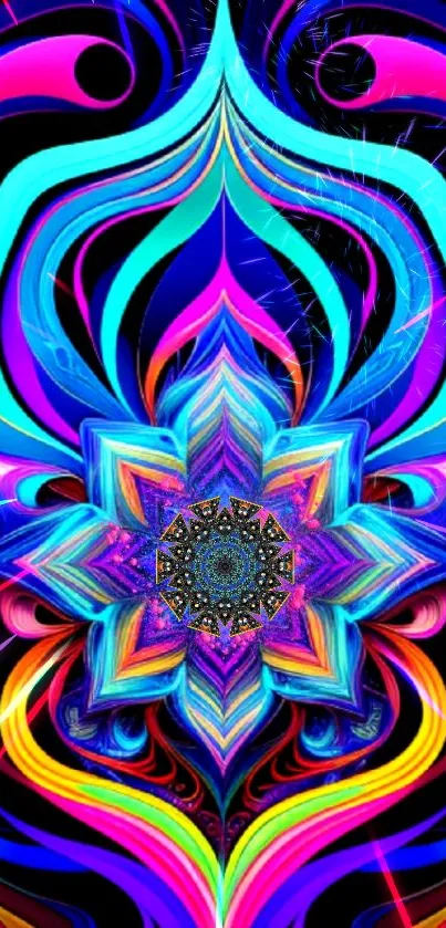 Vibrant neon mandala with colorful abstract patterns.