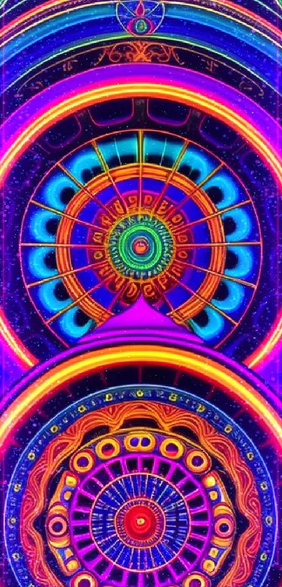 Vibrant neon mandala wallpaper with circular patterns in bold colors.