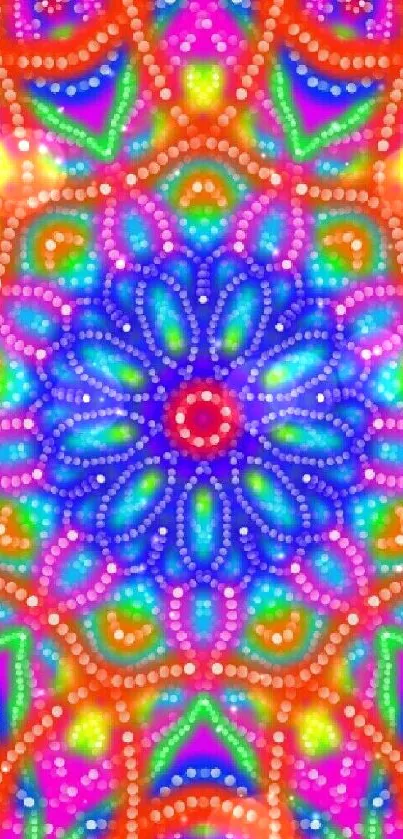 Vibrant neon mandala pattern wallpaper.