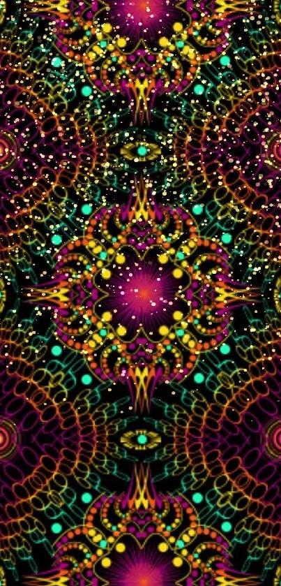 Vibrant mandala pattern wallpaper with neon colors and intricate design.