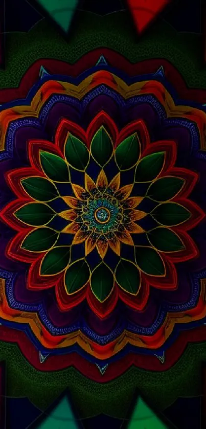 A vibrant mandala pattern featuring rich green, red, and purple hues.