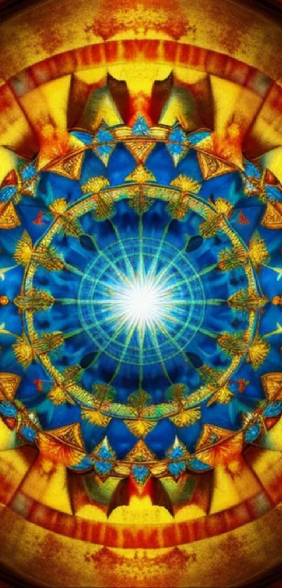 Bright mandala design with blue and golden hues on a phone wallpaper.