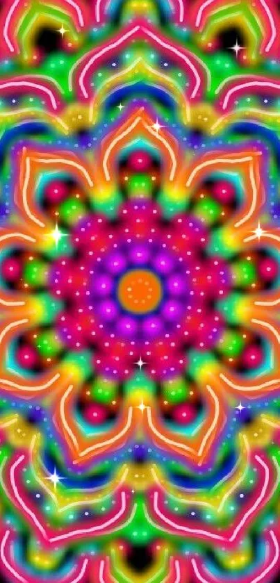 Vibrant neon mandala pattern on black background.