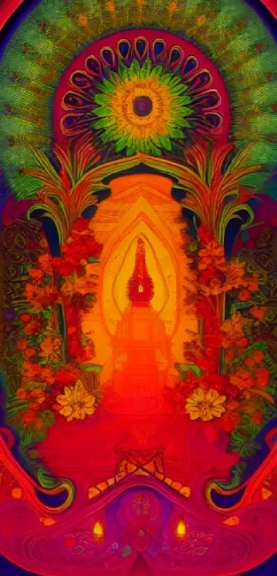 Vibrant mandala wallpaper with red hues and abstract design.