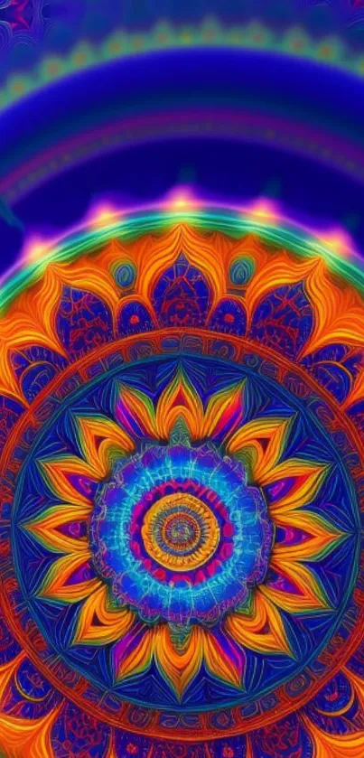 Vibrant mandala with blue and orange patterns on a phone wallpaper.