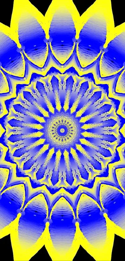 Vibrant blue and yellow mandala phone wallpaper.