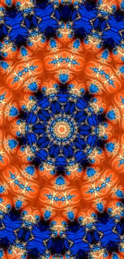 Vibrant mandala wallpaper with blue and orange patterns.