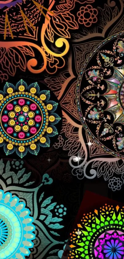 Vibrant mandala design with intricate patterns and colorful accents on a dark background.