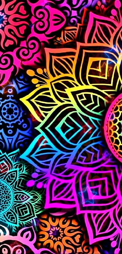 Vibrant rainbow mandala pattern wallpaper for mobile device.