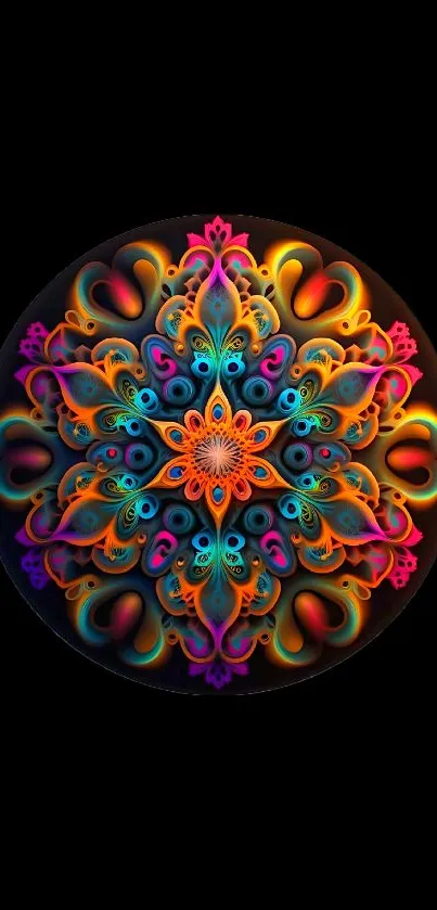 Colorful mandala on black background phone wallpaper.