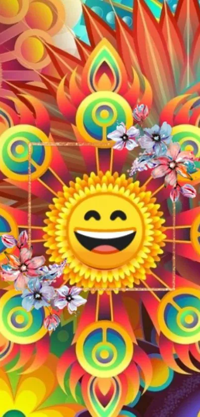 Cheerful sun in vibrant mandala design with colorful patterns.