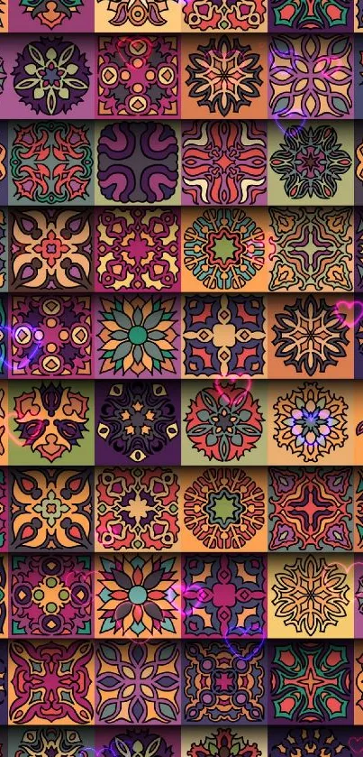 Vibrant mandala tile wallpaper with intricate patterns in purple and orange.