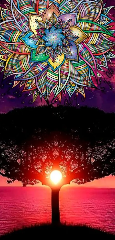 Vibrant mandala and sunset tree mobile wallpaper.