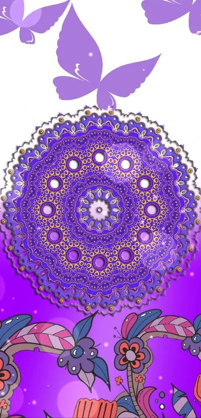 Purple mandala with butterflies and flowers on a vibrant display.