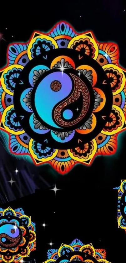 Vibrant mandala design with Yin Yang on a dark background.