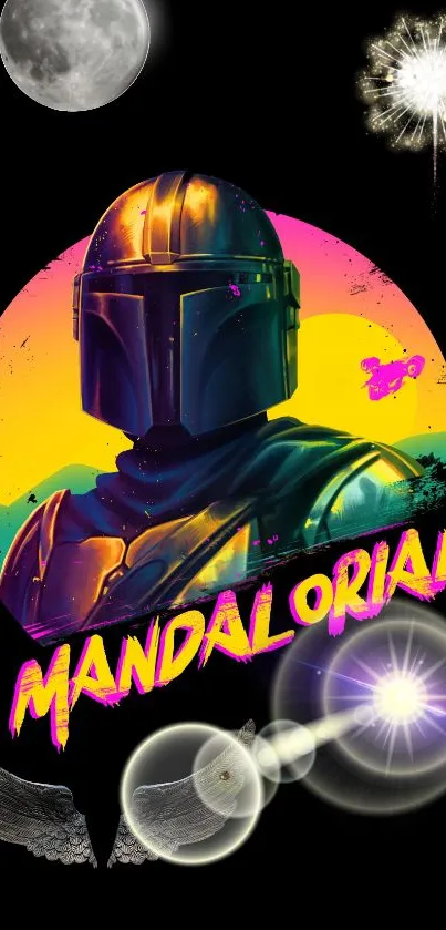 Vibrant Mandalorian wallpaper with cosmic theme and colorful elements.