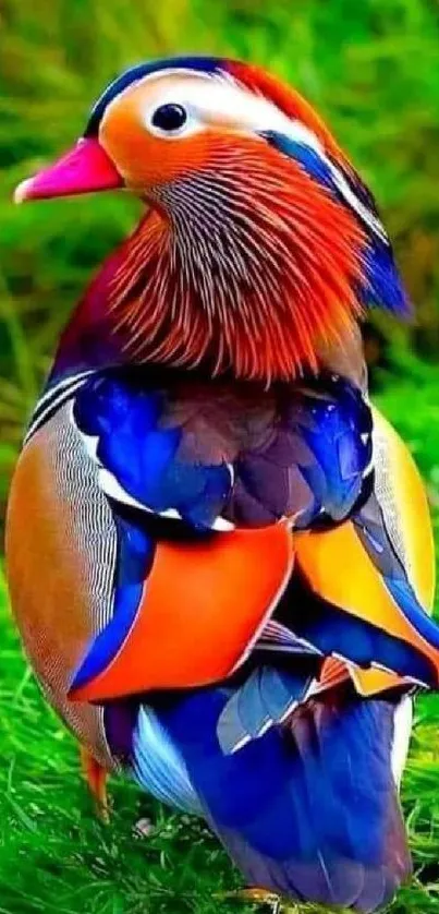 Colorful mandarin duck on green grass background.