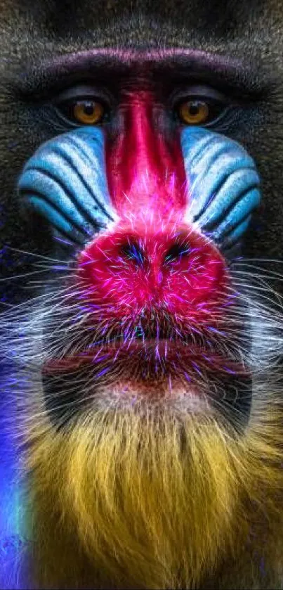 Close-up of a colorful mandrill face with vibrant colors.