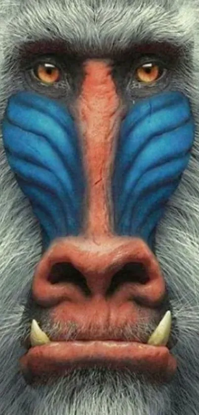 Vibrant mandrill face closeup with blue and gray hues.