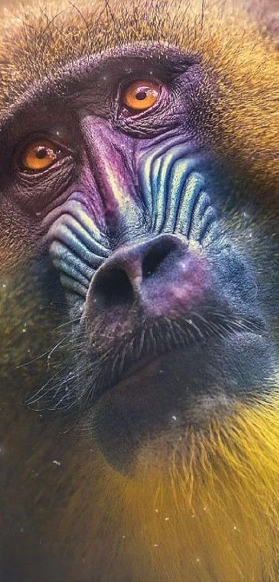 Vibrant mandrill monkey with colorful yellow, blue, and brown features.