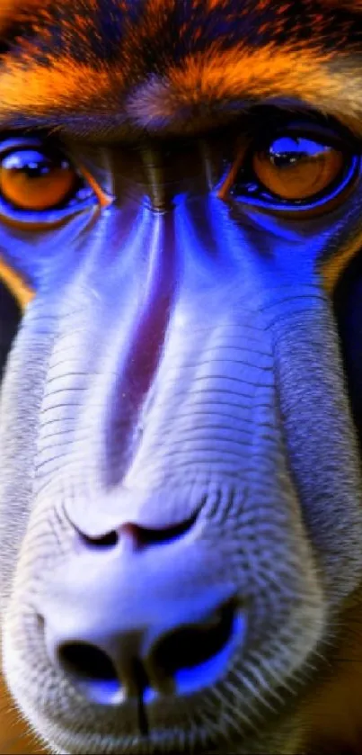 Close-up of a vibrant mandrill face with blue and orange hues.