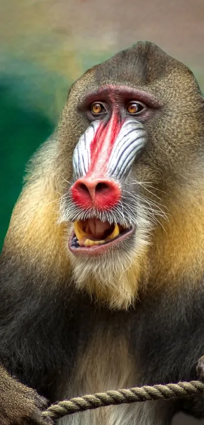 Close-up of a colorful mandrill facing forward.