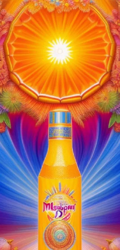 Vibrant orange and blue wallpaper featuring mango drink art and floral elements.