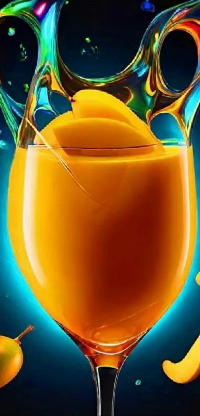 Bright mango juice splash with vibrant colors in a glass.