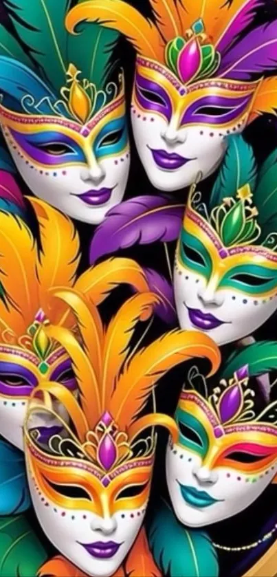 Colorful masks with feathers in Mardi Gras theme.