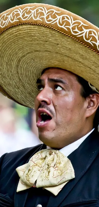Mariachi singers in traditional attire with decorative sombreros.