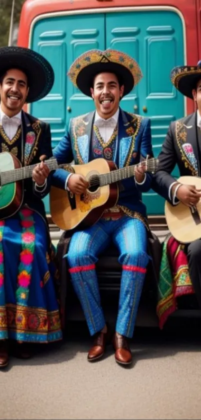 Three mariachi musicians playing guitars in traditional vibrant attire.