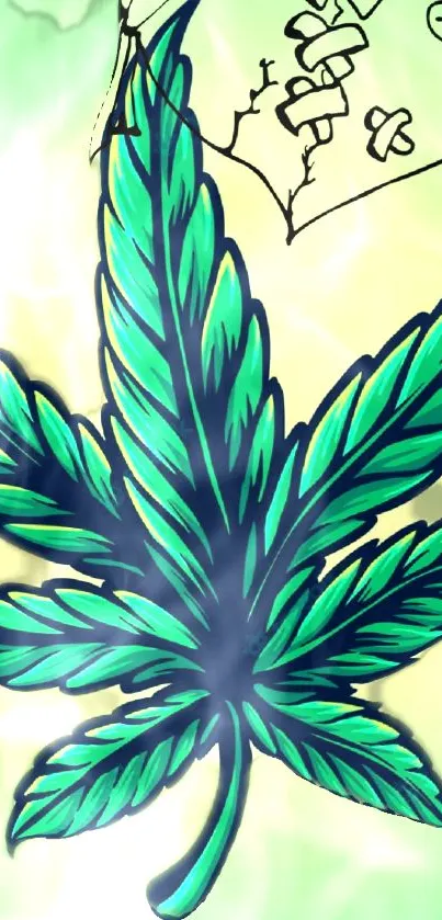 Vibrant marijuana leaf with artistic sketches in the background.