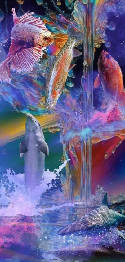 Vibrant marine fantasy art with colorful fish and dolphins.