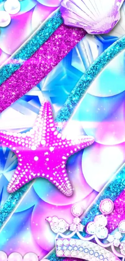 Colorful marine fantasy wallpaper with starfish and seashells.