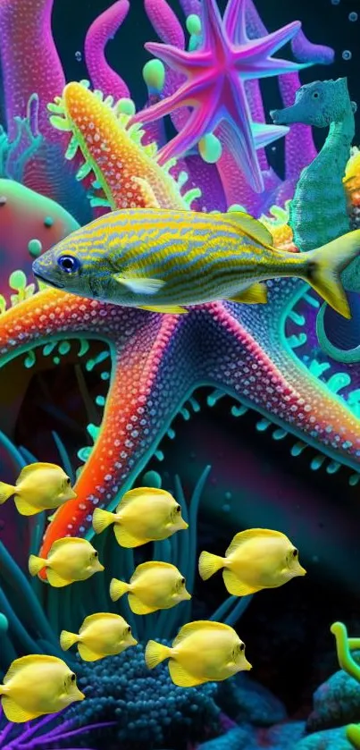 Colorful marine life wallpaper with fish and coral.