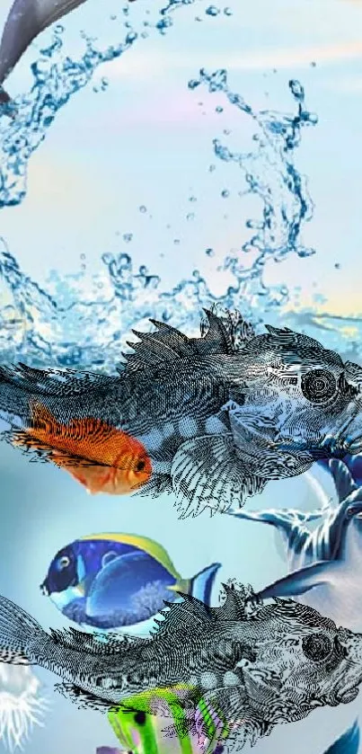 Detailed fish wallpaper with blue ocean and vibrant marine life.