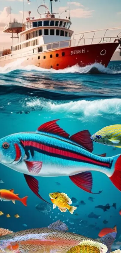 Colorful fish swimming under a ship in an ocean wallpaper.