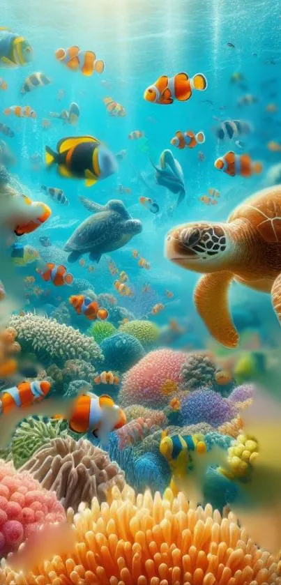 Vibrant wallpaper featuring marine life including turtle and clownfish among corals.