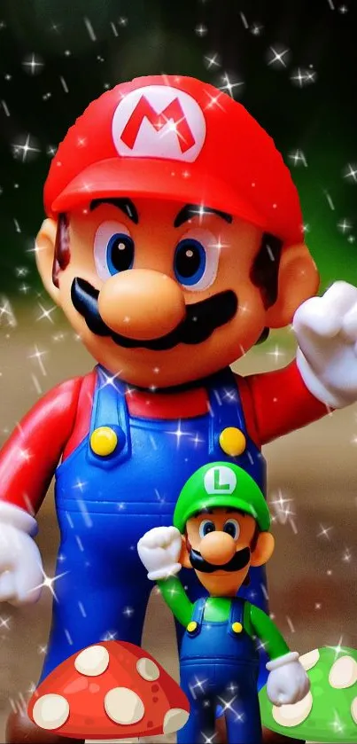 Colorful Mario and Luigi mobile wallpaper with stars and mushrooms.