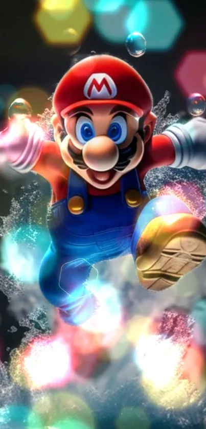 Colorful Mario action wallpaper with bubbles and vibrant design.