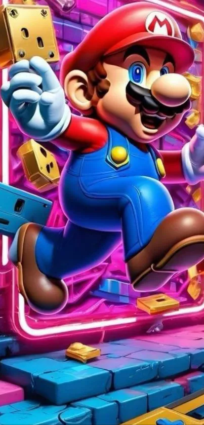 Vibrant Mario jumping with neon colors.