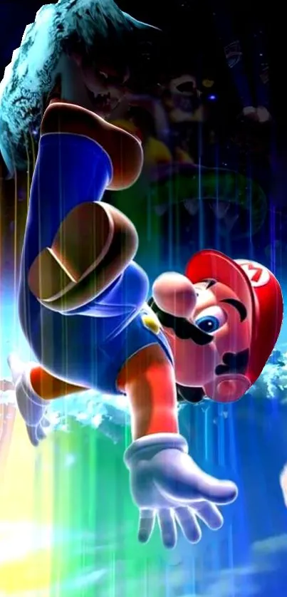Colorful Mario in vibrant action on mobile wallpaper.