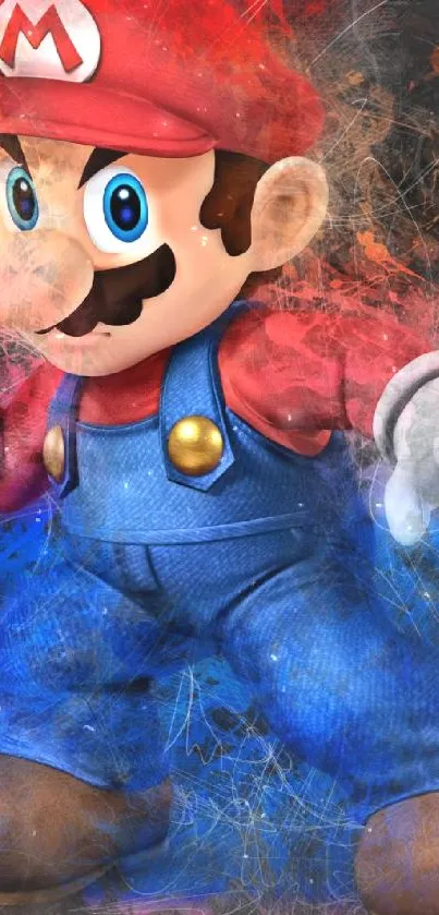 Mario character in vivid art style with dynamic color splash background.