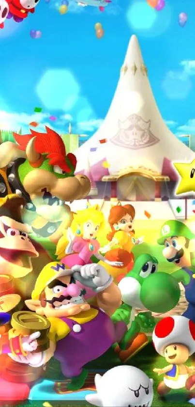 Colorful Mario characters in a vibrant scene.