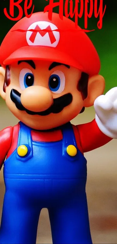 Colorful Mario figurine wallpaper on outdoor surface.
